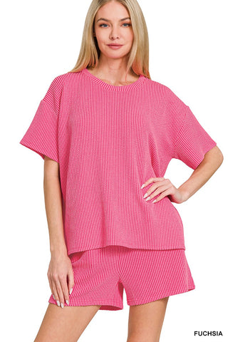 Lois Ribbed Shorts Set - Pink