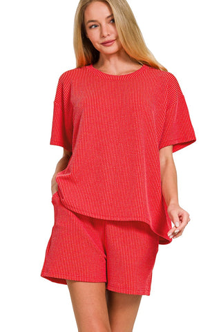 Lois Ribbed Shorts Set - Red
