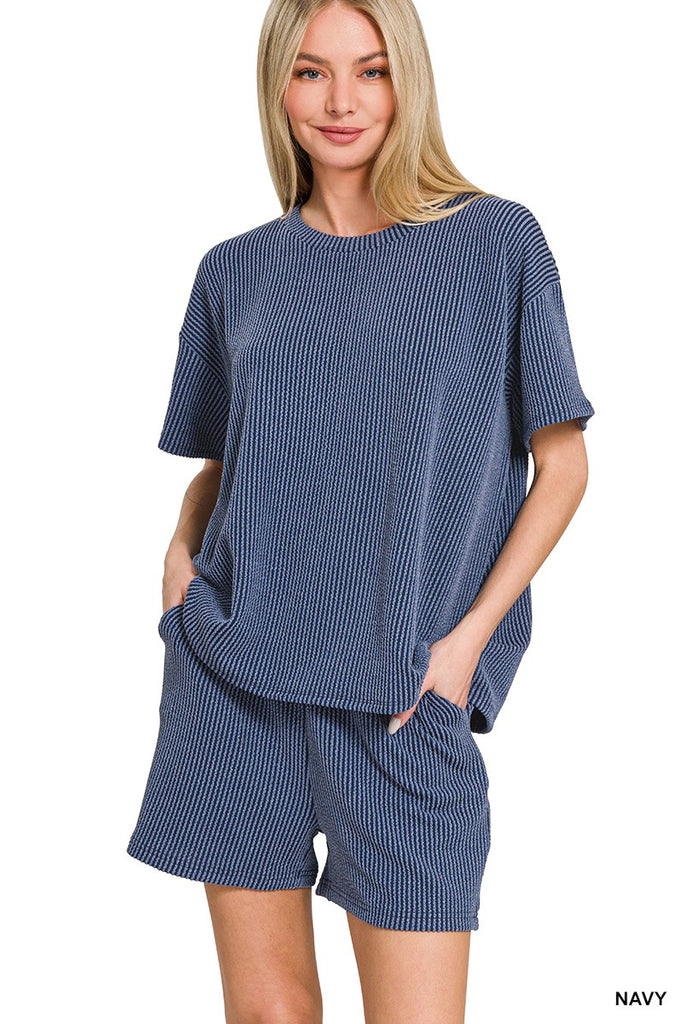 Lois Ribbed Shorts Set - Navy