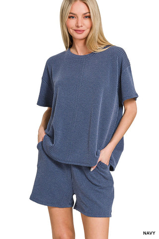 Lois Ribbed Shorts Set - Navy