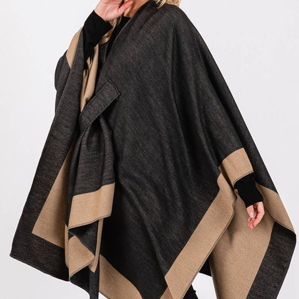 Two Tone Pull Through Shawl Ruana - Burgundy