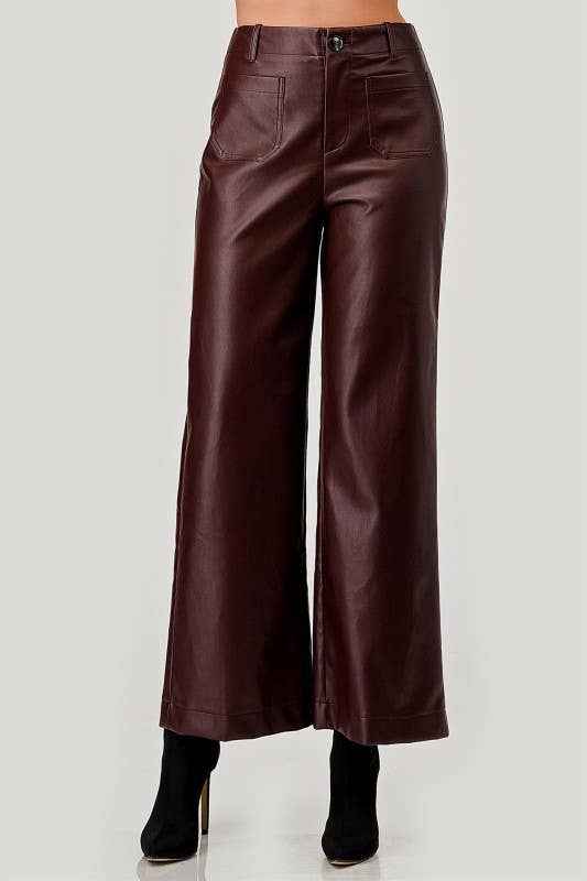 Faux Leather Wide-Leg Pants - Chocolate