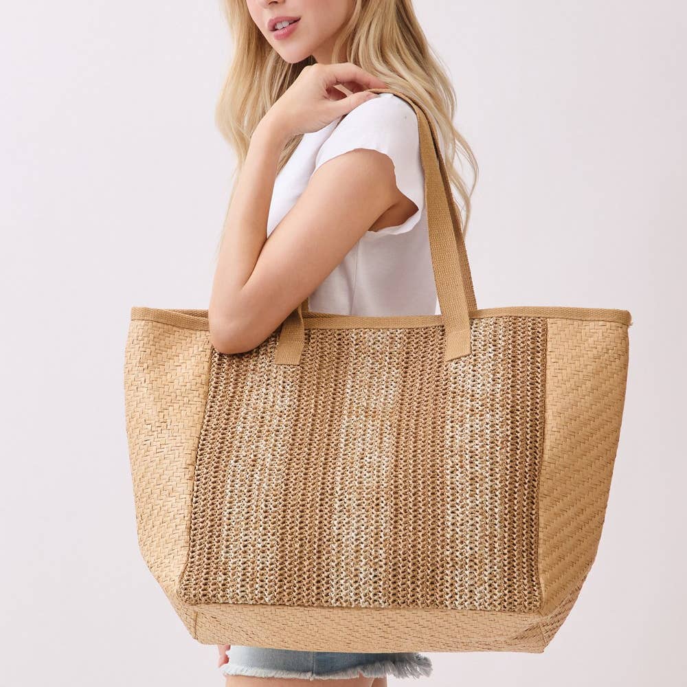Natural Large Straw Woven Tote Bag - Taupe