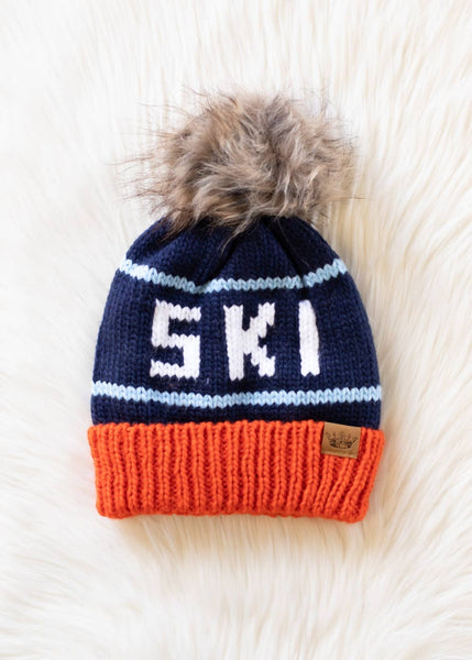 Orange, Navy & Light Blue Ski Pom Hat