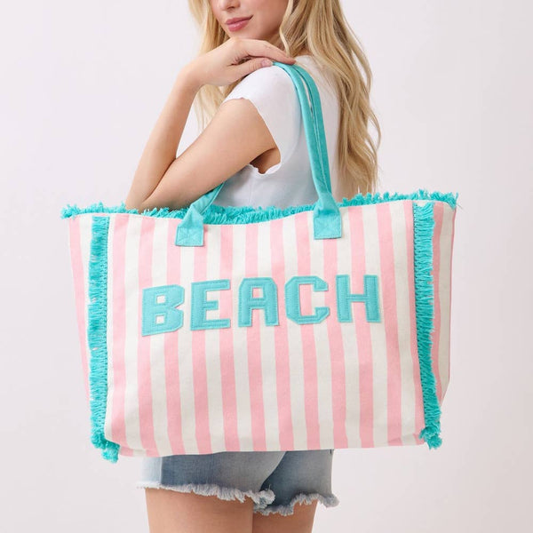 Beach Print Striped Tote Bag: YE