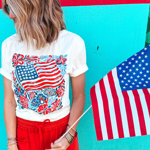 USA Flag And Flowers Tee