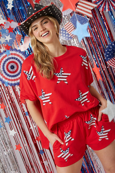 Sequin Stars Shorts Set - Red