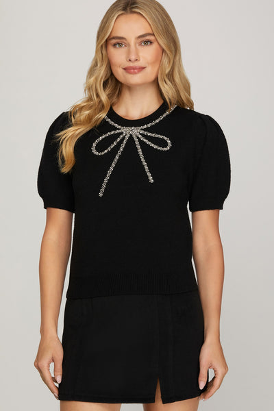 Whitley Beaded Bow Sweater - Black