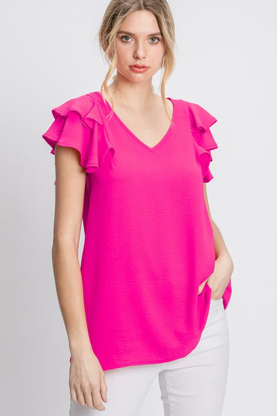 Dacey Ruffle Shoulder Top - Hot Pink