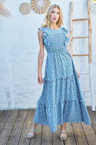 Charlee Smocked Floral Dress - Blue