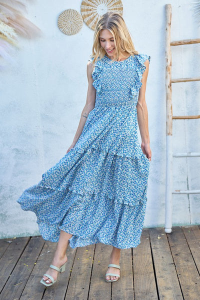 Charlee Smocked Floral Dress - Blue