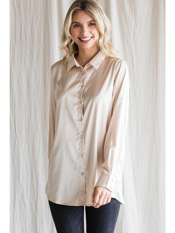 Tell Me More Satin Button Up Top - Beige